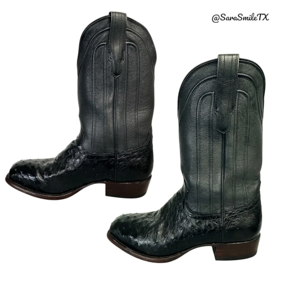 TECOVAS The Carter Mens Black Handmade Full-Quill Ostrich Cowboy Boots - Picture 2 of 14